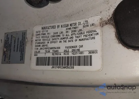 2010 Infiniti G37 z USA, uszkodzony, nr VIN JN1CV6FE3AM354306